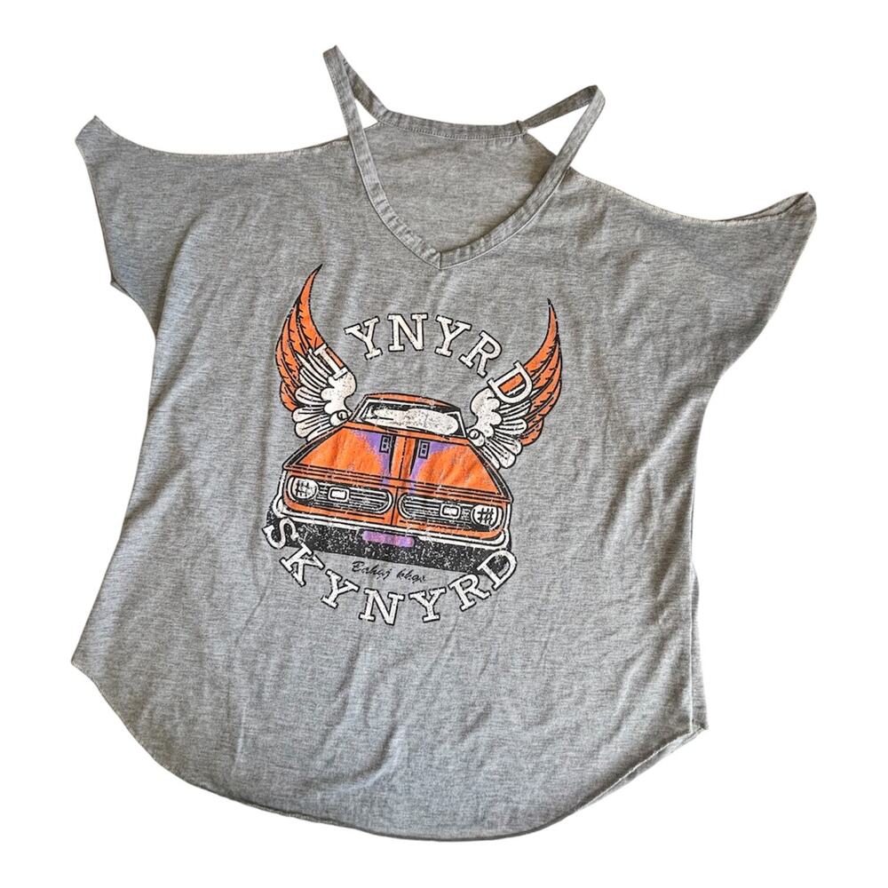 Lynyrd Skynyrd Gray Cold Shoulder Graphic T-Shirt Women’s Large Retro Band Tee